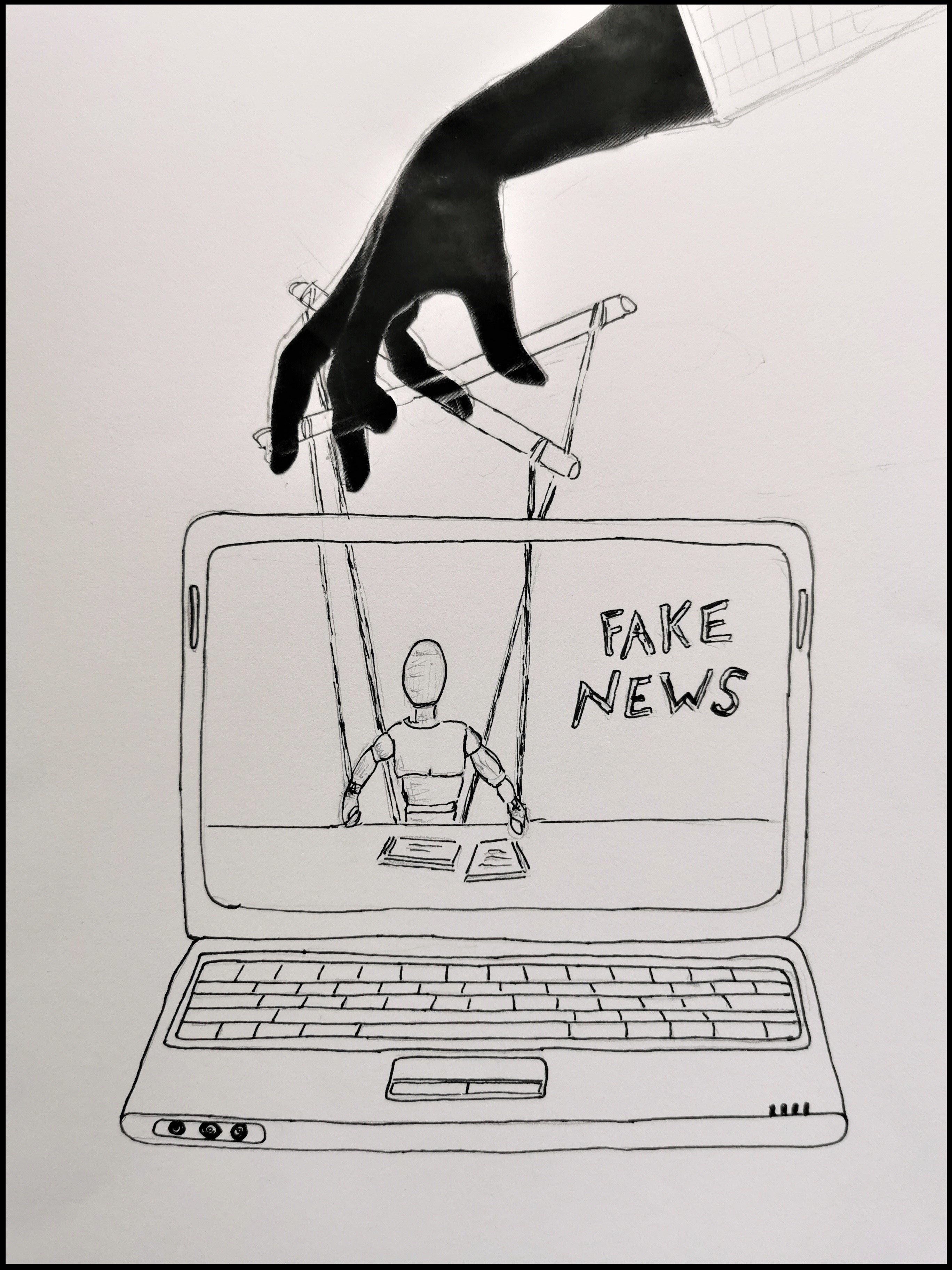 Das Bild zeigt einen Fake-New_Nachrichtensprecher als Marionette im Laptop